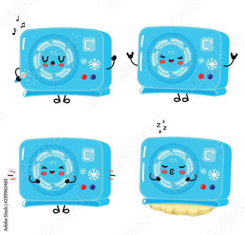 Cute air conditioner character set with music and rest