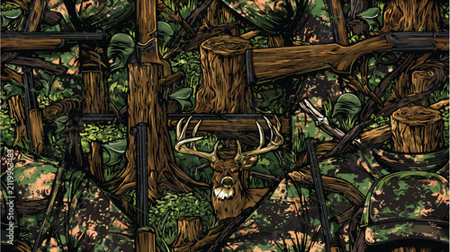 Seamless hunting camouflage pattern with tree stumps, camouflage boots and woodland gear vector background