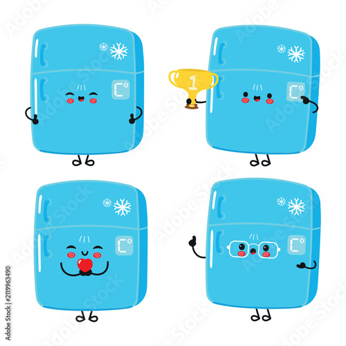Cute refrigerator character set with signs and emotions