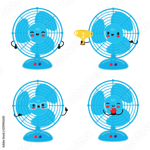 Cute electric fan character set with trophy and emotions