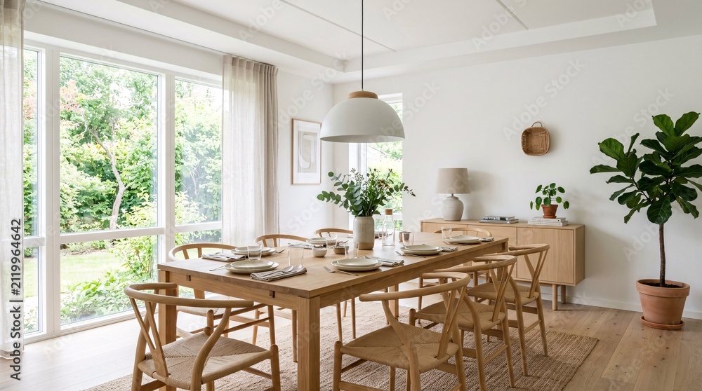 Fototapeta premium Modern light filled dining room with oak table and chairs.