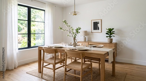 Fotografie Modern light dining room with wooden furniture and decor items.