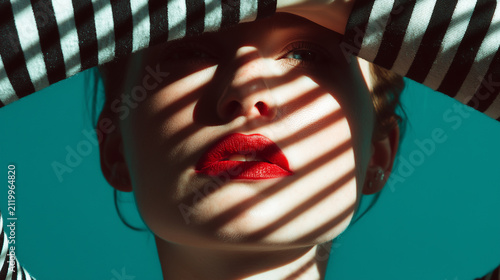 Woman with red lips in stripes and shadows against a blue background in a bright setting