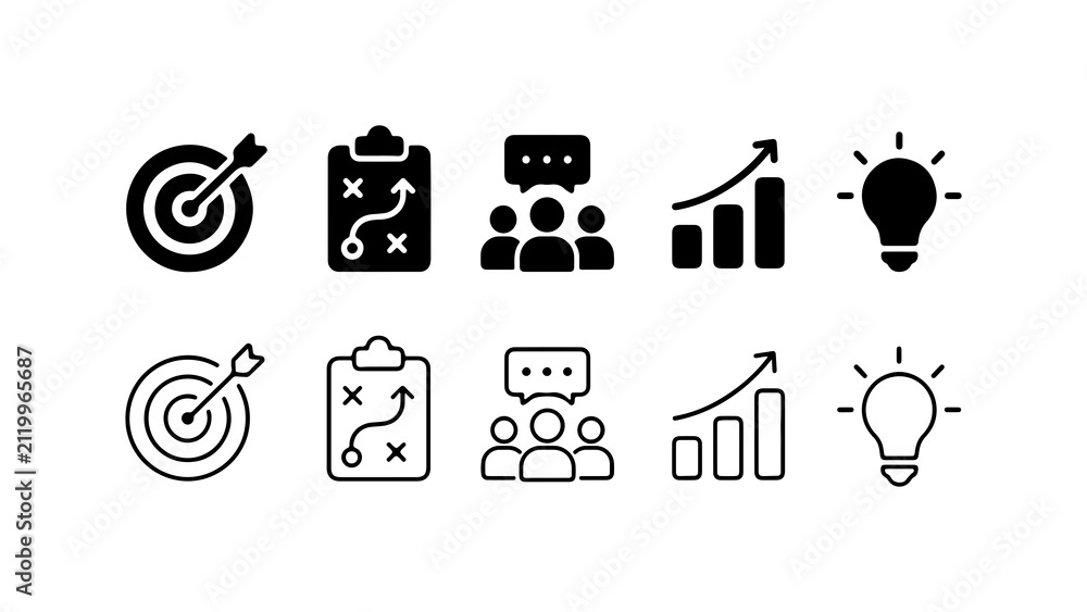 Fototapeta premium Business Strategy and Development Icon Set in Solid and Outline Style