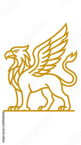 Minimalist golden griffin lion heraldic crest.
