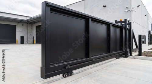 Modern sliding gate at a commercial facility during daytime
