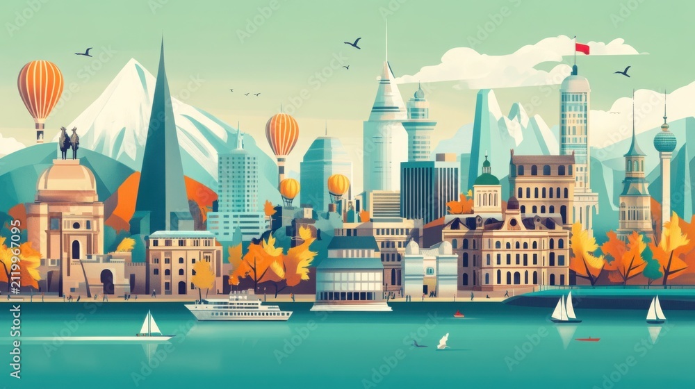 Obraz premium Skyscraper city skyline features modern architecture and mountains under a bright sky with hot air balloons floating above the calm water in a peaceful urban landscape scene for travel and tourism.
