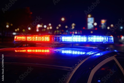 Close-up of flashing red and blue police emergency lights on the roof of a patrol car at night, with a blurred urban background. Concept of law enforcement, emergency response, public safety, and crim