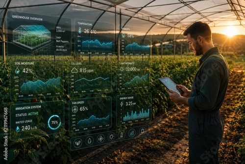 Smart farming in a modern greenhouse, featuring a farmer using digital technology to monitor crops and environmental conditions through futuristic holographic data displays.