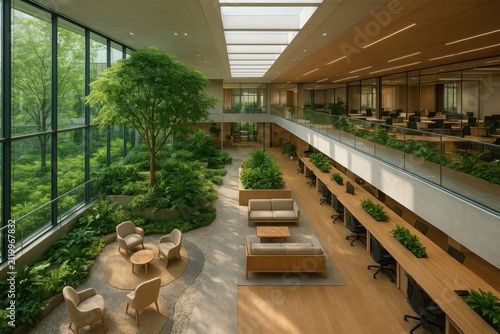 Wide panoramic view of a modern biophilic office interior seen from the second floor, featuring natural light, lush indoor greenery, wooden surfaces, and open-plan workspaces designed for harmony and 