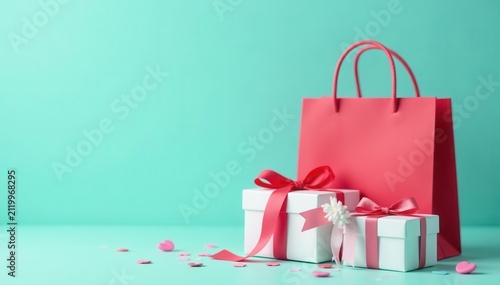 Pastel turquoise background, red bag, three white gift boxes with bows & eustomas, heart confetti , online, decoration, presents