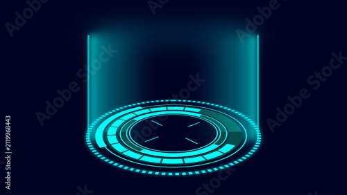 Cyan digital platform with upward light beams. This cyan digital platform serves as a futuristic technology base. Cyan digital platform for high-tech presentations.