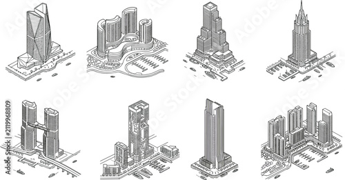 Modern isometric skyscraper line art vector collection featuring modern architecture, high-rise buildings, and urban waterfront developments