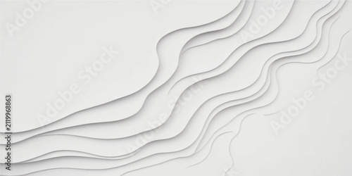 Minimalist abstract layered white wavy contours resembling topographic paper cutouts with smooth dimensional textured background