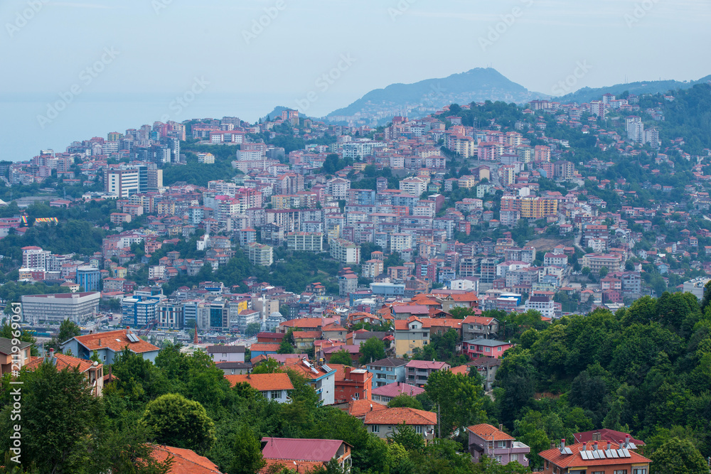 Fototapeta premium Elevated panoramic view of Zonguldak, a historic coal mining city on Turkey's Black Sea coast, featuring densely built hillside neighborhoods, lush greenery, and the coastal urban landscape.