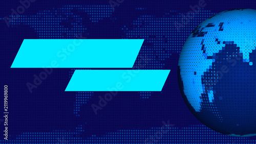 Blue globe with cyan text boxes on world map. This blue globe with cyan text boxes visualizes data. Blue globe with cyan text boxes for international reports.