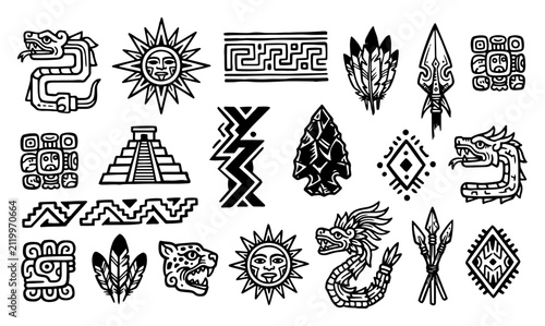 Aztec and Mayan ancient symbols including feathered serpents pyramids and sun gods in a woodcut style