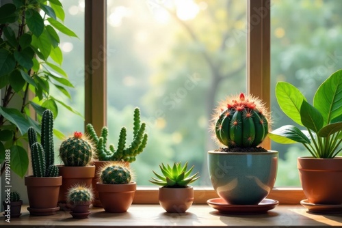 Lush indoor garden featuring various cacti, succulents, and air plants in decorative pots , plant styling, sustainable, apartment