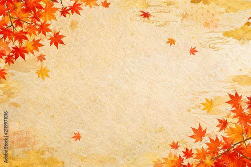 秋の和紙と紅葉の和風背景