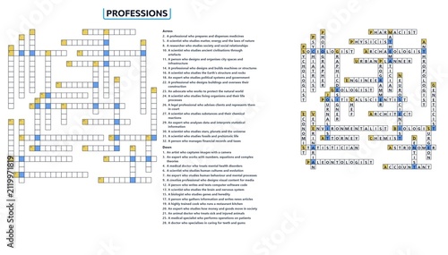 Obraz na płótnie Crossword puzzle featuring various professions with clues and answers
