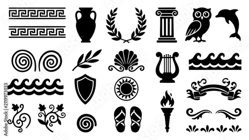 Ancient Greek symbols including laurel wreath column amphora and owl in a bold silhouette style