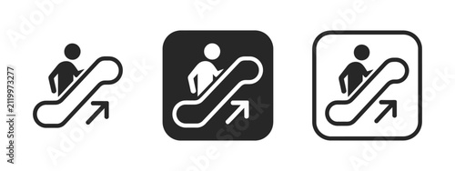 Escalator vector icons featuring ascending steps, moving stairs, transportation access, building facilities, and public navigation symbols.