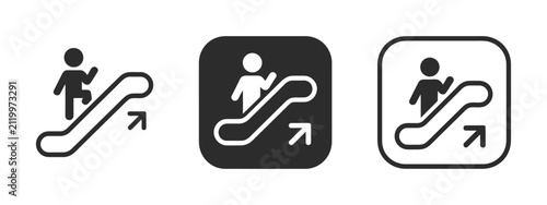 Escalator vector icons featuring ascending steps, moving stairs, transportation access, building facilities, and public navigation symbols.