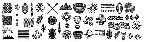 African ethnic symbols and tribal elements set in hand drawn folk style