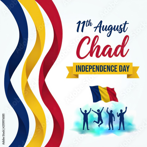 Chad Independence Day greeting poster featuring colorful ribbon waves inspired by Chad national flag, celebrating crowd silhouettes, elegant 11th August message and patriotic design holiday illustrate