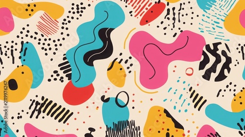 Abstract pattern features a collection of colorful organic shapes, playful dots, and hand-drawn lines arranged on a neutral beige background to provide a modern and artistic decorative surface design.
