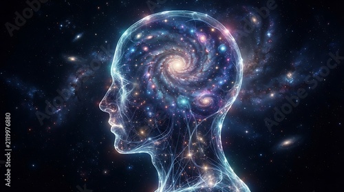 Abstract illustration of a human head silhouette containing a swirling galaxy and cosmic nebula.