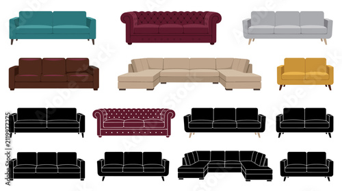 Collection of Sofa Vector Illustrations Featuring Modern Fabric Sofa, Classic Chesterfield, Scandinavian, Luxury Leather, Sectional Corner and Loveseat Sofas Isolated on White Background
