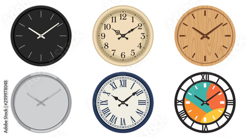 Collection of Wall Clock Vector Illustrations Featuring Round, Minimal, Vintage, Wooden, Modern Metal and Roman Numeral Wall Clocks Isolated on White Background