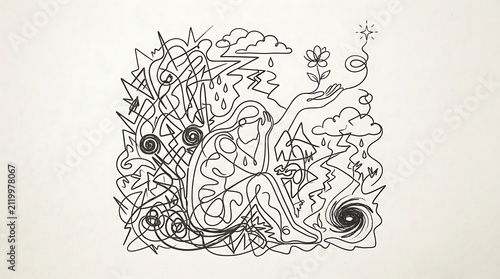 Conceptual line art illustration of a person struggling with mental health and finding hope.