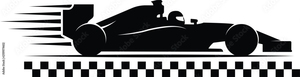 Obraz premium Formula racing car silhouette speeding on checkered track during a race concept for speed and competition