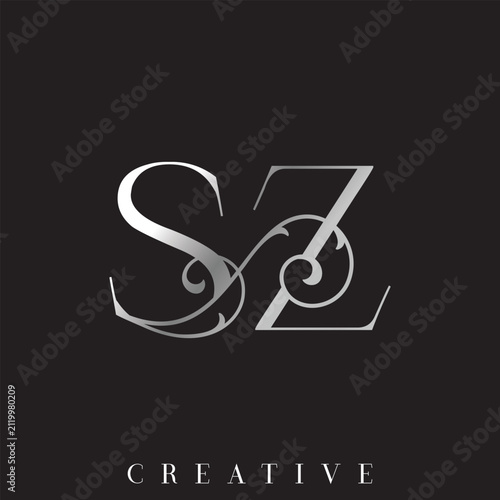 Elegant Silver Gold Wedding SZ Monogram Vector Logo with Ornamental Swirl