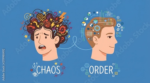 Conceptual illustration showing the contrast between a chaotic mind and an organized orderly mind.