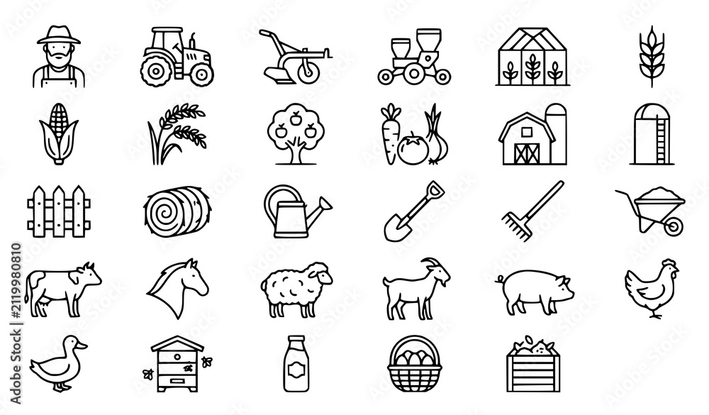 Fototapeta premium Editable Farm and Agriculture Outline Icon Pack