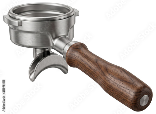 Empty stainless steel espresso machine portafilter with an elegant wooden handle isolated on a transparent background.