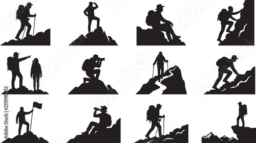 Hiking silhouettes on mountains black vector graphics with white background