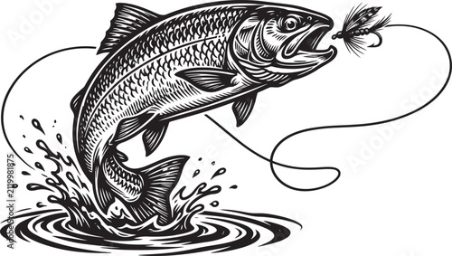 Jumping fish illustration with fly and fishing line black and white