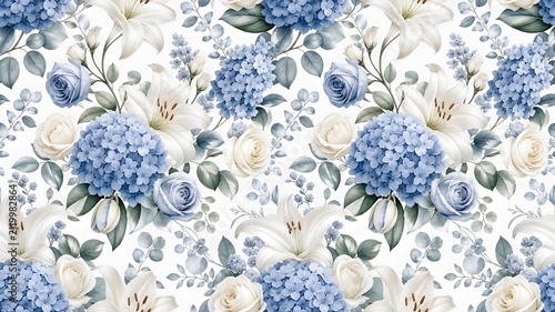 Blue Hydrangea White Lily Floral Pattern Background