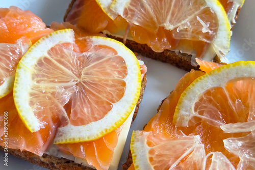 Delicious Open-Faced Salmon Sandwich with Lemon Slices on Rye Bread for Culinary Inspiration