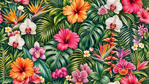 Lush Tropical Jungle Floral Seamless Pattern Design