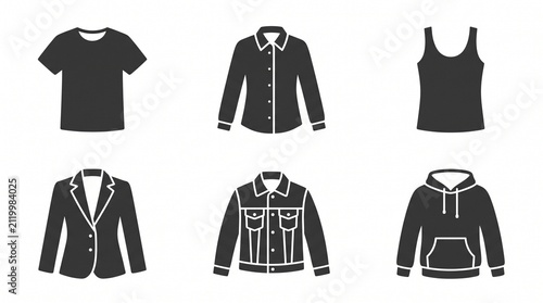 a flat vector silhouette icon set of various casual and formal tops on white background