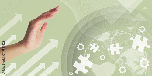 Innovation and puzzle pieces with hands reaching out toward global business growth through digital development and transformation