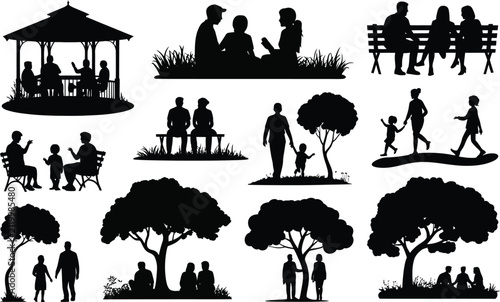 Collection of black silhouettes showing people relaxing and spending leisure time together in a public park setting