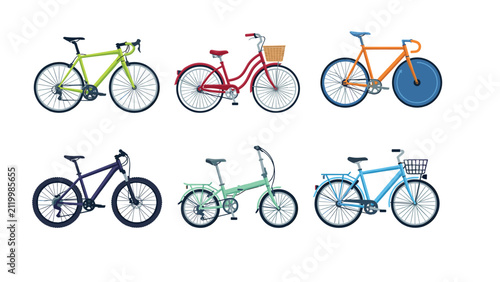 Different types of modern bicycle models collection featuring road mountain city and folding bikes vector illustration isolated on white background