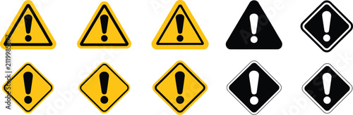 Danger and warning sign icons, featuring hazard symbols with clean black vector graphics, safety alerts, caution notices, emergency indicators, and professional designs for workplaces, construction si