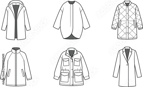 Foto Minimalist flat color vector illustration set of women winter outerwear featuring quilted coats utility jackets and classic overcoats